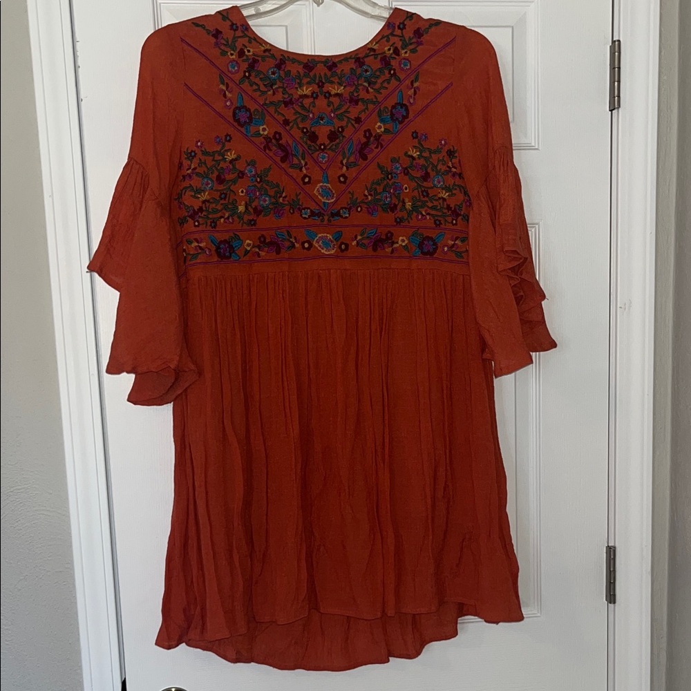 Umgee Orange Boho Embroidered Dress